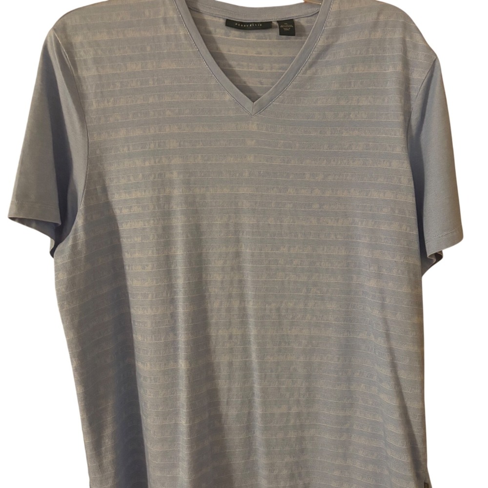 Perry Ellis V-Neck T-Shirt Striped‎ Casual Short Sleeve Top XL Summer Blue EUC